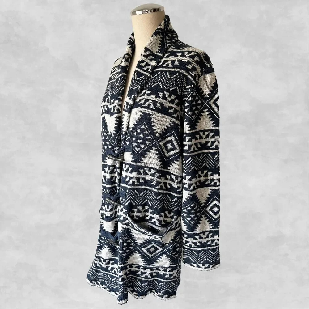 Womens 1X Southwestern Cardigan Navy Cream CHAPS Ralph Lauren